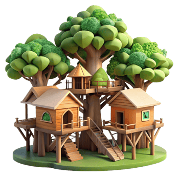 elegant contemporary Treehouse village, interconnected wooden structures, lush forest setting, dappled sunlight, whimsical fantasy style, high resolution png