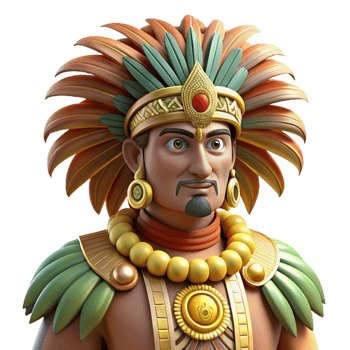 elegant classic A proud Aztec emperor Moctezuma II wearing elaborate feathered garments, Aztec codex style, dramatic lighting, authentic png