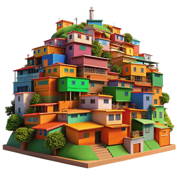 stunning classic A vibrant, colorful favela built on a hillside, midday sun, bustling, photorealistic, 4K png