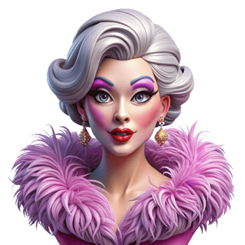 beautiful vintage Portrait of a glamorous drag queen with extravagant makeup and a feather boa, vibrant stage lighting, pop art style, genuine png