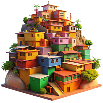 vibrant rustic A colourful favela built on a hillside, vibrant paint, intricate details, warm sunlight, lively atmosphere high resolution png