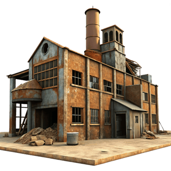 dramatic abstract An abandoned industrial factory, rusty metal, broken windows, post-apocalyptic setting, digital painting, premium png