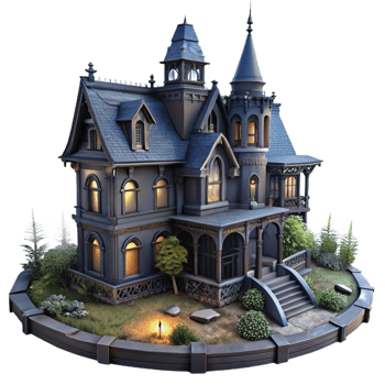 magnificent abstract A decaying Victorian mansion, overgrown garden, dim lighting, gothic horror style, muted colors, authentic png