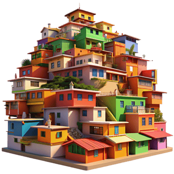 magnificent contemporary A colourful favela built on a hillside, vibrant paint, intricate details, warm sunlight, lively atmosphere exclusive png