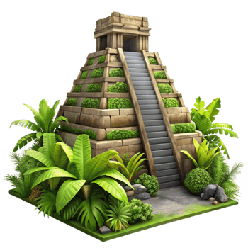 wonderful traditional An ancient Mayan pyramid overgrown with jungle vegetation, dappled sunlight, mysterious, hyperrealistic, detailed png