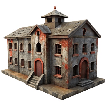 impressive modern An abandoned asylum, decaying walls and peeling paint, dim lighting, horror theme premium png