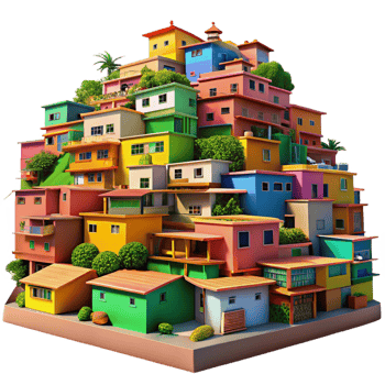 elegant creative A vibrant, colorful favela built on a hillside, midday sun, bustling, photorealistic, high quality png