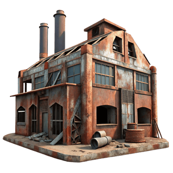 serene rustic An abandoned industrial factory, rusty metal, broken windows, post-apocalyptic setting, digital painting, genuine png