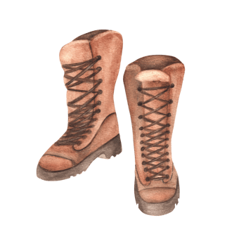 A pair of brown boots for hiking. Male leather footwear. Camping clipart. Tourist trip equipment. Hand drawn watercolor png