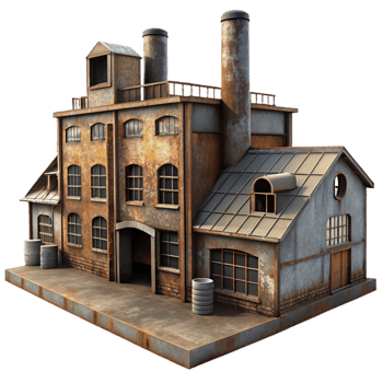 impressive creative An abandoned industrial factory, rusty metal and broken windows, dim lighting, dystopian style, premium png