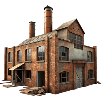serene traditional An abandoned factory, rusted metal, broken windows, gritty, urban style premium png