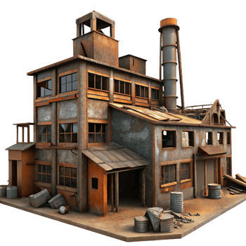 elegant modern An abandoned industrial factory, rusty metal, broken windows, post-apocalyptic setting, digital painting, high resolution png