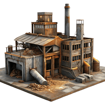 serene classic An abandoned industrial complex, rusting metal and broken concrete, dim lighting, dystopian atmosphere high resolution png