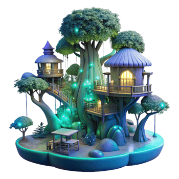 vibrant traditional A giant, bioluminescent treehouse city in a rainforest, night scene, magical, fantasy style, detailed png