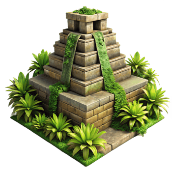serene contemporary A Mayan pyramid overgrown with jungle vegetation, dappled sunlight, ancient style, weathered textures, 4K png