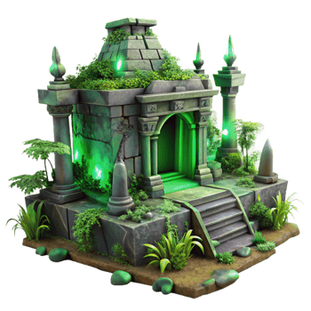 vibrant contemporary A crumbling ancient alien temple, overgrown with strange vegetation, eerie, green lighting, fantasy art style detailed png