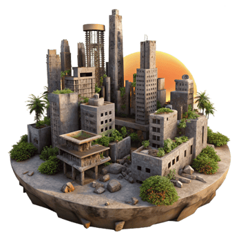 beautiful traditional Post-apocalyptic cityscape, ruined buildings, overgrown with vegetation, dusty sunset, desolate, high resolution png
