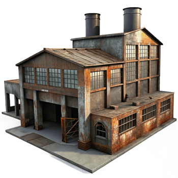 impressive vintage Abandoned factory, rusted metal, broken windows, dimly lit interior, urban decay theme, gritty realism, professional png