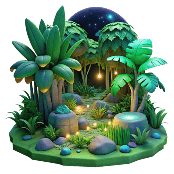 stunning classic A lush, green jungle teeming with colorful, bioluminescent flora and fauna, lit by moonlight filtering through dense canopy, dreamlike art style detailed png