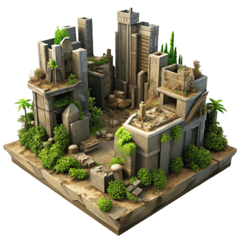 impressive rustic A post-apocalyptic city in ruins, overgrown with vegetation, dim lighting, dystopian style, muted colors, detailed png