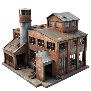 dramatic abstract Abandoned factory, rusted metal, broken windows, dimly lit interior, urban decay theme, gritty realism, 4K png