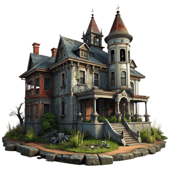 impressive classic A decaying Victorian mansion, broken windows, overgrown vegetation, dark and moody lighting, horror style genuine png