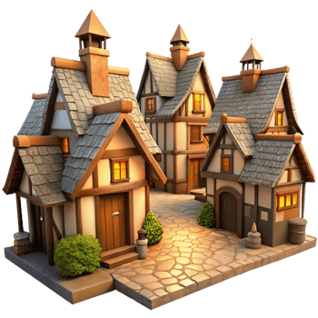 elegant minimalist A medieval village with thatched roof cottages and cobblestone streets, warm sunlight, quaint and charming high resolution png