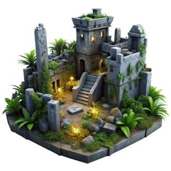 serene rustic A post-apocalyptic ruined city, overgrown with vegetation, dim twilight lighting, desolate and haunting style high resolution png