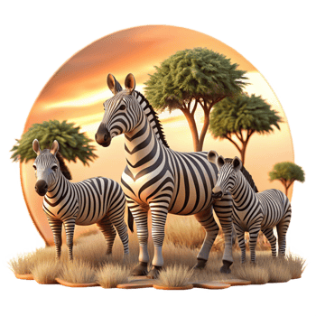 vibrant creative A group of zebras grazing in the African savanna, warm sunset lighting, wildlife photography style professional png