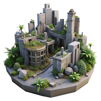 beautiful abstract A post-apocalyptic city in ruins, overgrown with vegetation, dim lighting, dystopian style, muted colors, high quality png