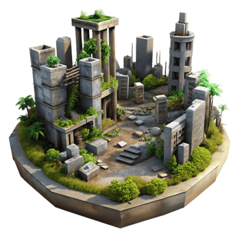 dramatic modern A post-apocalyptic city in ruins, overgrown with vegetation, dim lighting, dystopian style, muted colors, professional png