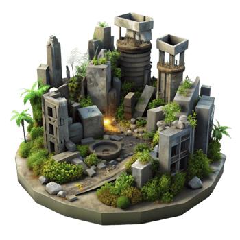 magnificent creative A post-apocalyptic city in ruins, overgrown with vegetation, dim lighting, dystopian style, muted colors, original png