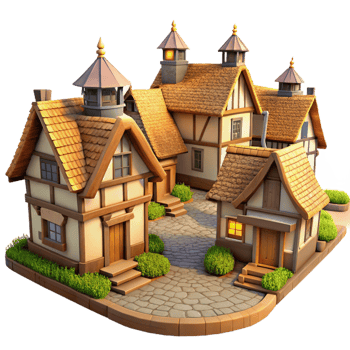impressive abstract A medieval village with thatched roof cottages and cobblestone streets, warm sunlight, quaint and charming 4K png