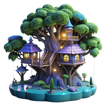 beautiful contemporary A giant, bioluminescent treehouse city in a rainforest, night scene, magical, fantasy style, professional png