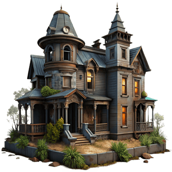 stunning creative A decaying Victorian mansion, broken windows, overgrown vegetation, dark and moody lighting, horror style 4K png