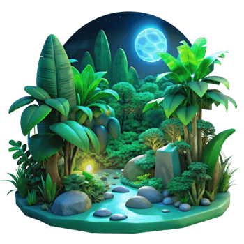 beautiful rustic A lush, green jungle teeming with colorful, bioluminescent flora and fauna, lit by moonlight filtering through dense canopy, dreamlike art style 4K png