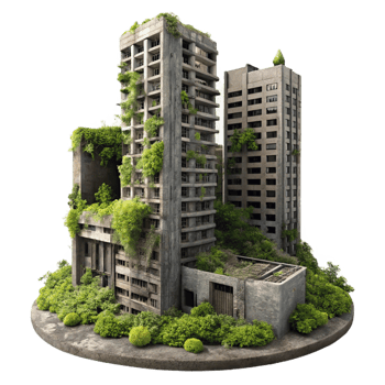 wonderful artistic Post-apocalyptic ruins of a skyscraper, overgrown with vegetation, muted sunlight, desolate atmosphere, hyperrealistic, matte painting, high resolution png