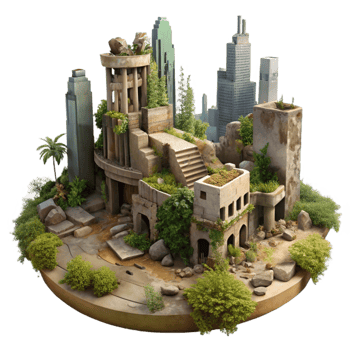 vibrant modern A post-apocalyptic city in ruins, overgrown with nature, muted colors, melancholic, digital painting, authentic png