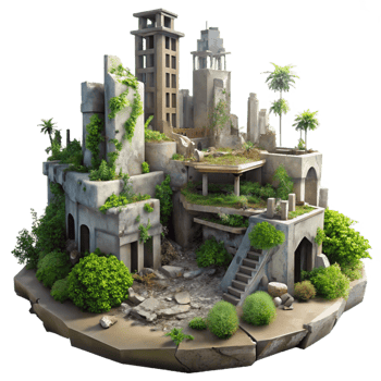 serene classic A post-apocalyptic city in ruins, overgrown with nature, muted colors, melancholic, digital painting, detailed png