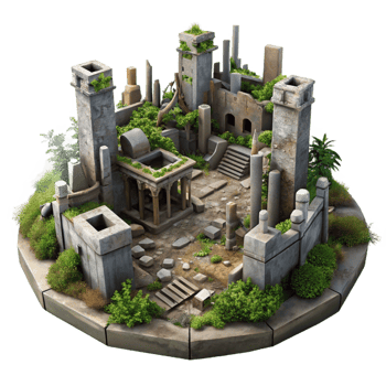 vibrant classic A post-apocalyptic city in ruins, overgrown with vegetation, dim lighting, dystopian style, muted colors, genuine png