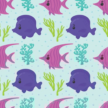 Seamless pattern with cute reef fish and corals. Funny multicolor background,marine texture. Modern illustration vector