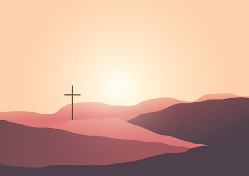 Minimal Good Friday background with cross in sunset landscape vector