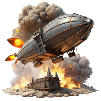 dramatic creative A steampunk airship battle over a desolate wasteland, explosions and smoke filling the air, dramatic, fiery lighting genuine png
