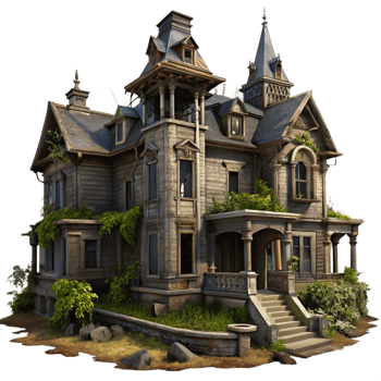 impressive abstract A decaying Victorian mansion, broken windows, overgrown vegetation, dark and moody lighting, horror style original png