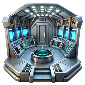 dramatic artistic A futuristic spaceship interior, sleek metallic surfaces, glowing control panels, sci-fi movie still high quality png