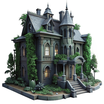 impressive classic Abandoned Victorian mansion, overgrown with ivy, dim moonlight, gothic, eerie, high quality png