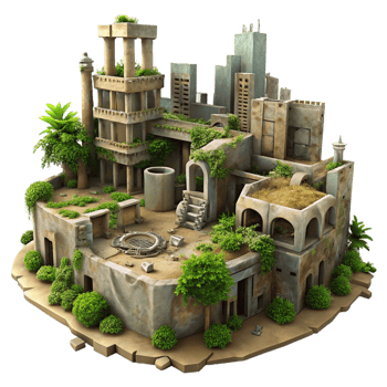 impressive vintage A post-apocalyptic city in ruins, overgrown with nature, muted colors, melancholic, digital painting, authentic png