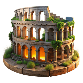 extraordinary contemporary Ruined Roman amphitheater, overgrown with vegetation, dramatic sunset, ancient history, authentic png