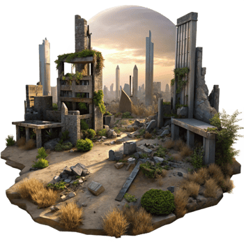 dramatic creative Post-apocalyptic cityscape, ruined buildings, overgrown with vegetation, dusty sunset, desolate, detailed png