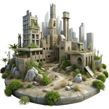 wonderful rustic A post-apocalyptic city in ruins, overgrown with nature, muted colors, melancholic, digital painting, exclusive png